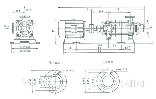 XBD2.3~10.3/10-75W型消防泵外形及安装尺寸