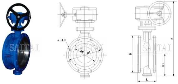 D343H涡轮硬密封法兰蝶阀外形尺寸图