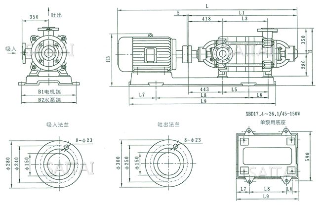 XBD5.8~21.6/45-150W型消防泵外形及安装尺寸